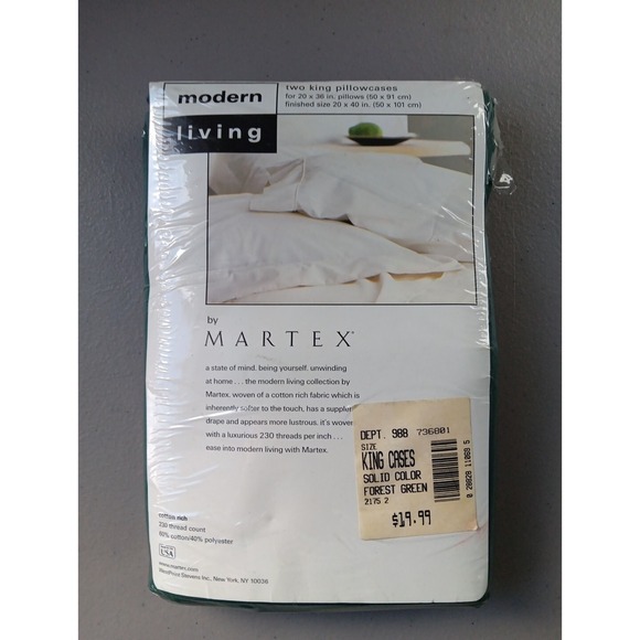 Martex Pillowcases Set of 2 KING Forest Green Cotton Farmhouse NOS Cottage NEW - Picture 3 of 4